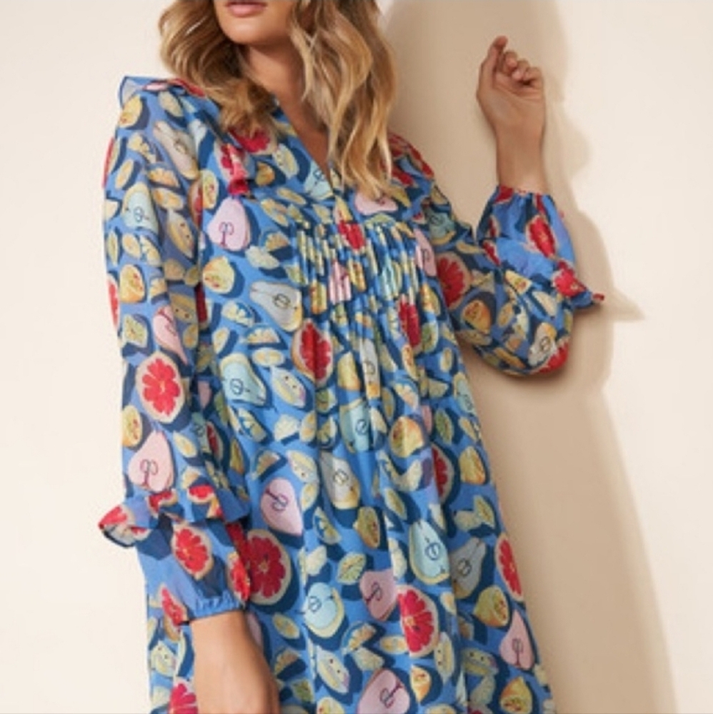 Hutch Anthropologie Blue Fruit Themed Midi Dress Small